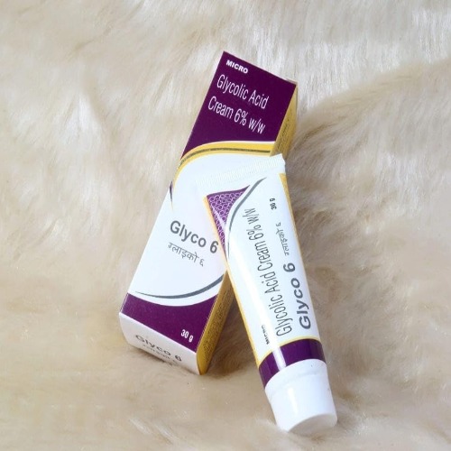 Glyco 6 Cream 30gm (Glycolic Acid 6%) tube and box set placed together on soft surface