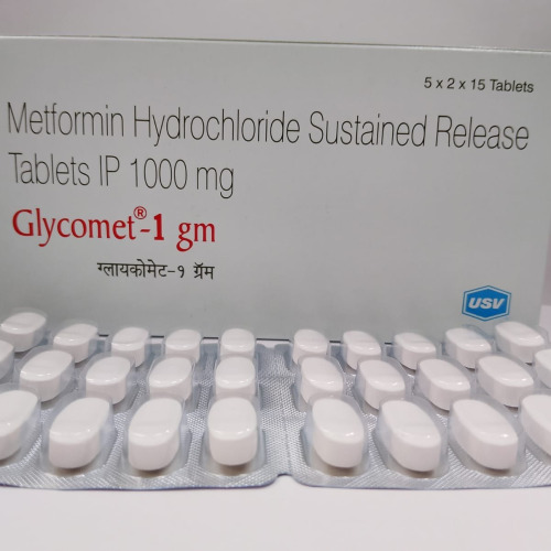 Glycomet 1000mg box with multiple blister strips displayed, packaging and dosage identifiable