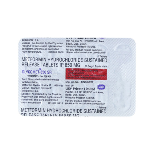Glycomet 850mg blister strip close-up, tablets and printed label details visible