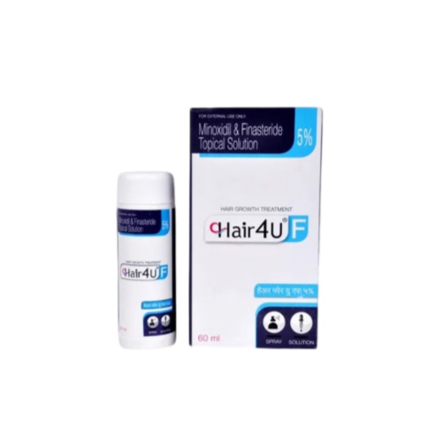 Hair4U F 5% Solution 60ml box with bottle placed beside, label and packaging legible