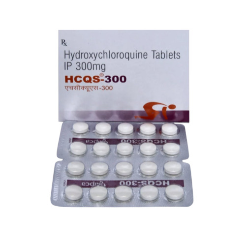 HCQS 300 (Hydroxychloroquine Sulfate) outer box packaging with multiple blister packs of tablets arranged below