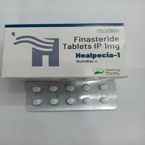 Healpecia 1mg 100 Tablets pack – finasteride box displayed with blister strip for male pattern baldness