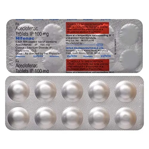 Hifenac 100mg tablets silver blister strips with clear labeling, pain relief medication