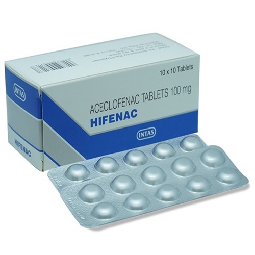 Hifenac 100mg tablets box with opened blister pack, Aceclofenac anti-inflammatory painkiller