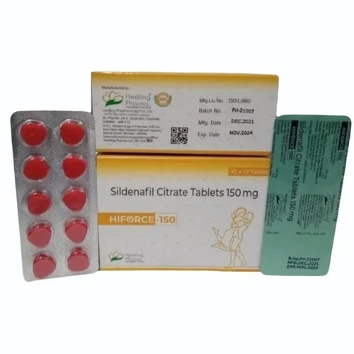 Hiforce 150mg (Sildenafil Citrate) branded carton and silver foil blister with red tablets
