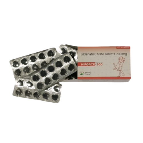 Hiforce 200mg (Sildenafil Citrate) stacked blister strips with black round tablets and branded box