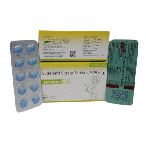 Hiforce 25mg (Sildenafil Citrate) branded box with green foil blister strip and tablets