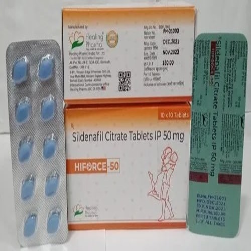 Box of Hiforce 50 with multiple blister strips of blue tablets