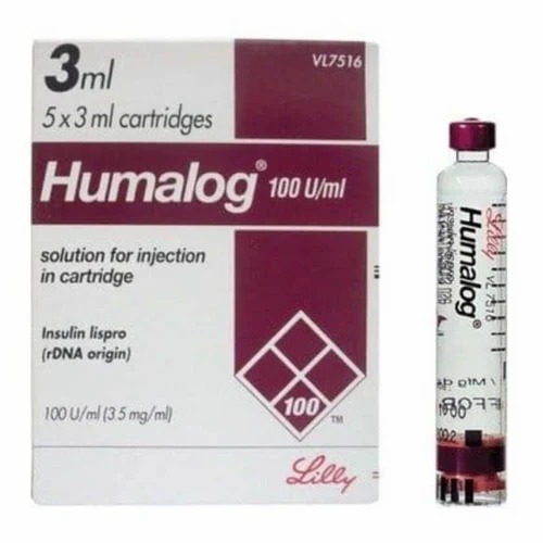 Humalog 100IU/ml injection 3ml cartridge with product label and Eli Lilly branding