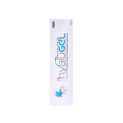 Hyalugel Gel 1% tall rectangular outer packaging with blue design