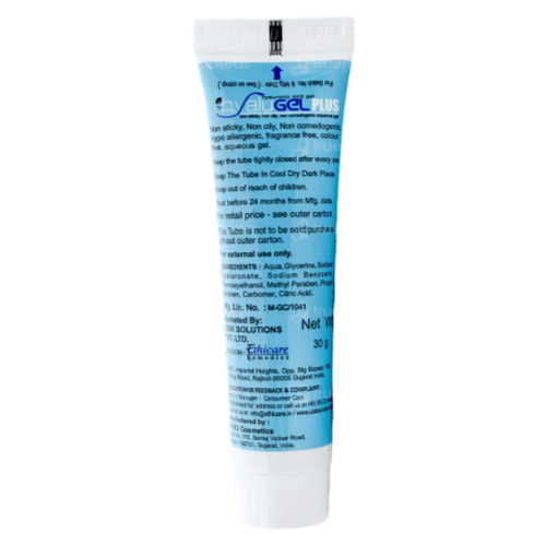 Hyalugel Gel Plus 1% 30gm back view of tube showing product details and usage instructions
