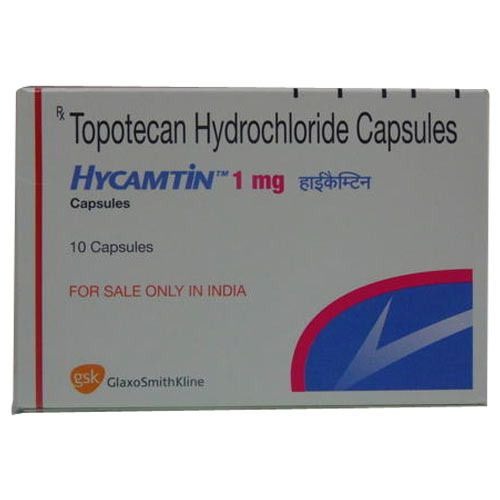 Hycamtin 1 (Topotecan) 1mg 10 capsules close-up carton box with printed details for ovarian and lung cancer therapy online pharmacy