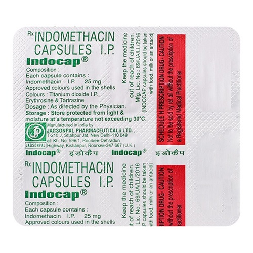 Indocap 25mg capsules in silver blister strip with labeling, Indomethacin anti-inflammatory medication