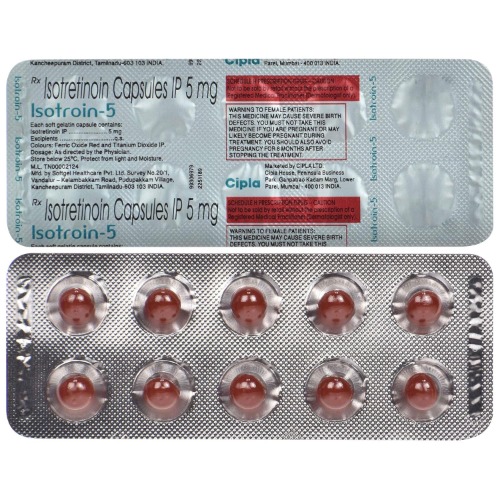Isotroin 5mg (Isotretinoin) silver blister pack showing 10 red capsules and printed dosage details