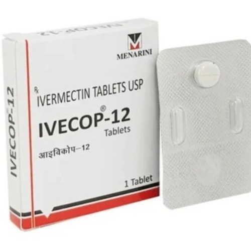 Ivecop 12mg (Ivermectin) outer box with partially opened silver blister pack beside it