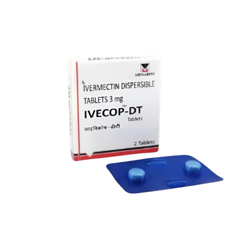 Ivecop DT box and blue 2-tablet blister pack laid side-by-side