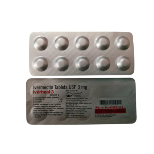 Iverheal 3 (Ivermectin) silver blister pack showing 10 white round tablets with printed label