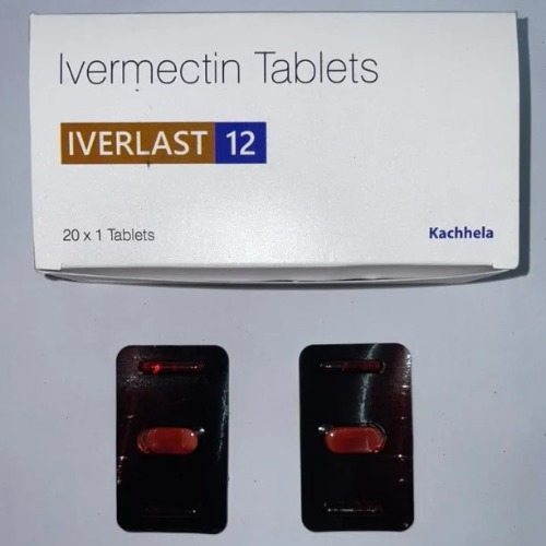 Iverlast 12 (Ivermectin) white box packaging with two brown blister packs displayed below