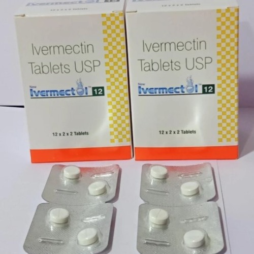 Ivermectol 12 (Ivermectin) multiple outer boxes with silver blister packs of white round tablets in front