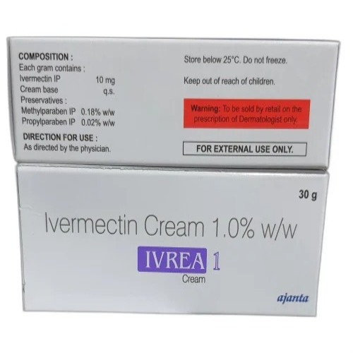 Ivrea 1% Cream (Ivermectin) close-up view of box showing printed label and dosage information