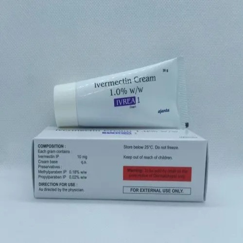 Ivrea 1% Cream (Ivermectin) tube placed on top of its outer box packaging in white design