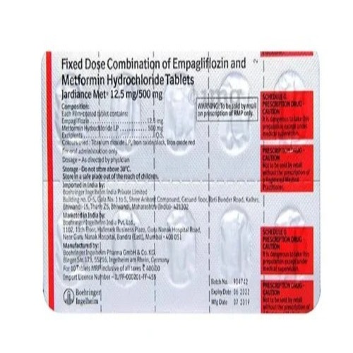 Jardiancemet 12.5/500mg tablets silver foil blister strip with printed red and black text