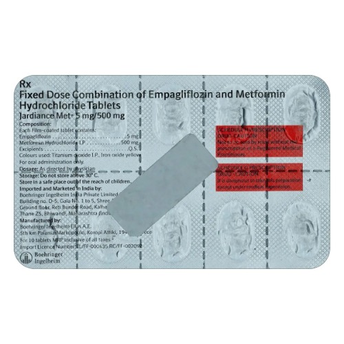 Jardiancemet 5/500mg tablets silver foil blister strip with printed text and round tablets