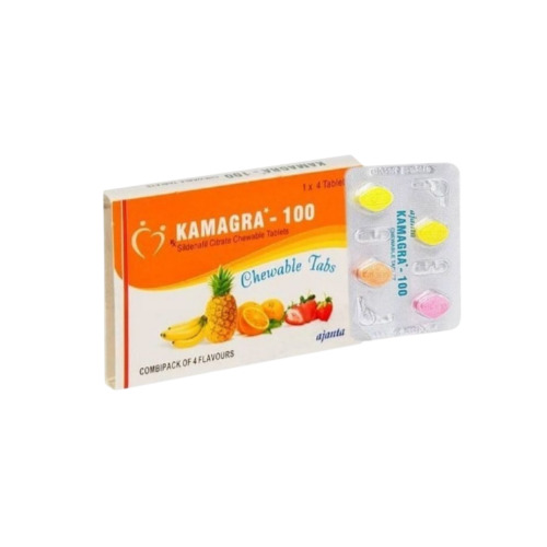 Kamagra 100 CT box with blister pack of 4 chewable tablets, front view showing product name and dosage clearly