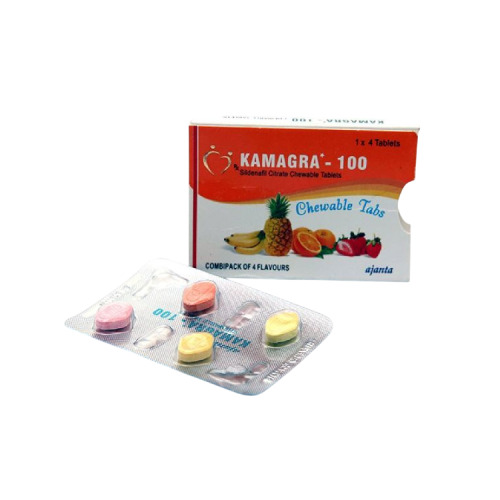 Kamagra 100 CT box with blister strip displayed, colorful chewable tablets visible