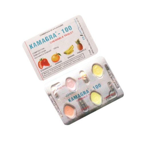 Kamagra 100 CT blister pack close-up, fruit-flavored chewable tablets and label details identifiable