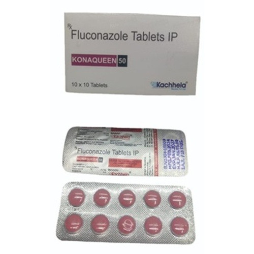 Konaqueen 50 fluconazole blister strips front view, oral antifungal tablets for candidiasis, cryptococcosis, and dermatophytosis, supplied by trusted online pharmacy