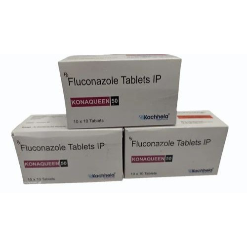 Konaqueen 50 fluconazole tablet cartons stacked with blister packs, affordable antifungal medication for prophylaxis and treatment in immunocompromised patients, global delivery via ZarvyPharm