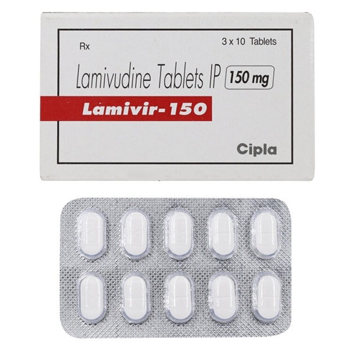 Lamivir 150 box and 30-tablet blister pack, front view with tablets visible