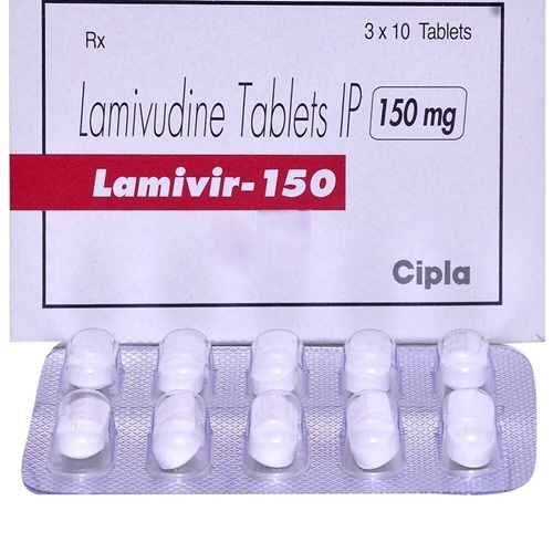 Lamivir 150 box and partially exposed blister pack, angled overhead shot
