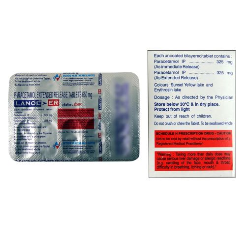 Lanol ER 650mg (Paracetamol) branded carton with dosage label and foil blister pack