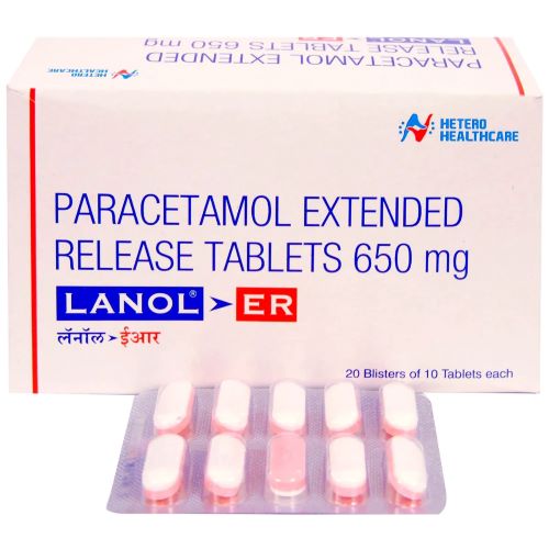 Lanol ER 650mg (Paracetamol) close-up of silver foil blister strips with pink tablets