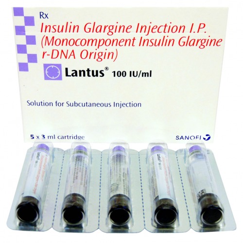 Lantus 100IU/ml insulin glargine 10ml vial with product box and injection label