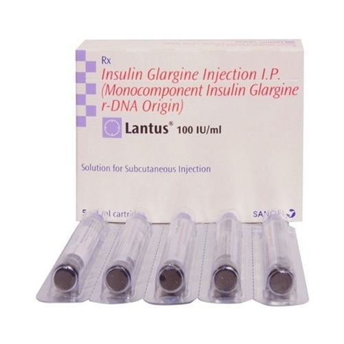 Lantus 100IU/ml 10ml injection pack with labeled vials and outer carton box