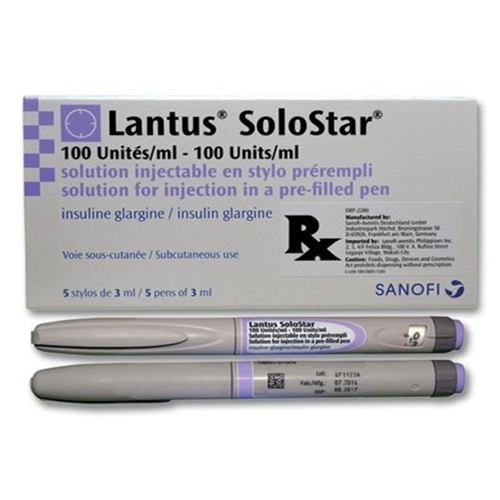 Lantus Solostar prefilled pens arranged alongside labeled carton packaging