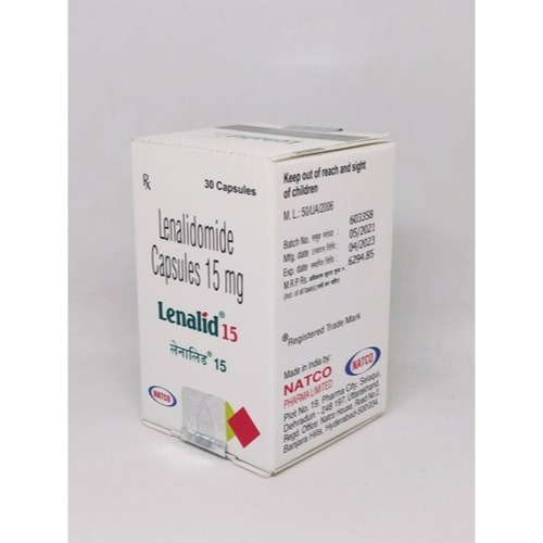 Lenalid 15 (Lenalidomide) 15mg 30 capsules close-up carton box with printed details and logo for oncology treatment online pharmacy