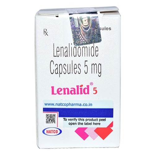 Lenalid 5mg medicine box side view, showing generic lenalidomide anticancer capsules trusted for hematologic malignancies in global online pharmacy