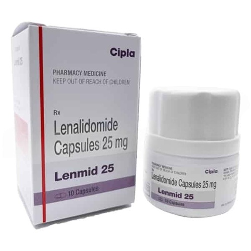 Lenmid 25 (Lenalidomide) 25mg 10 capsules white pill bottle with branded carton packaging for multiple myeloma medication online pharmacy