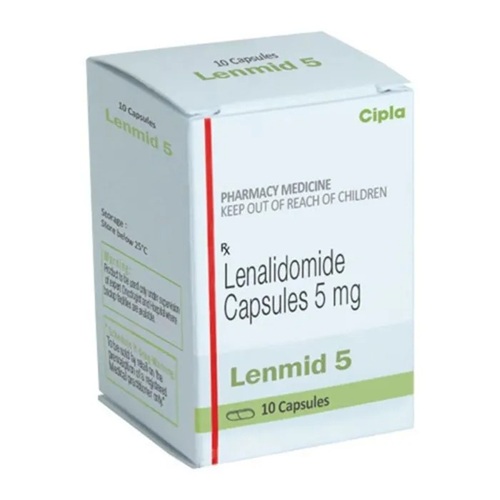 Lenmid 5 (Lenalidomide) 5mg 10 capsules branded carton box angled display with Cipla logo for multiple myeloma medication online pharmacy