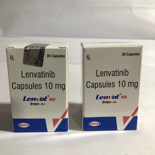 Two Lenvat 10 boxes side-by-side with blister packs, packaging and labels legible