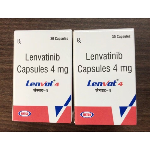 Two Lenvat 4 boxes side-by-side with blister packs, packaging and capsule count readable