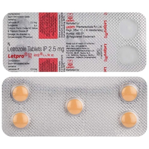 Letpro 2.5 (Letrozole) 2.5mg 50 tablets close-up blister pack with printed foil details for hormone therapy online pharmacy
