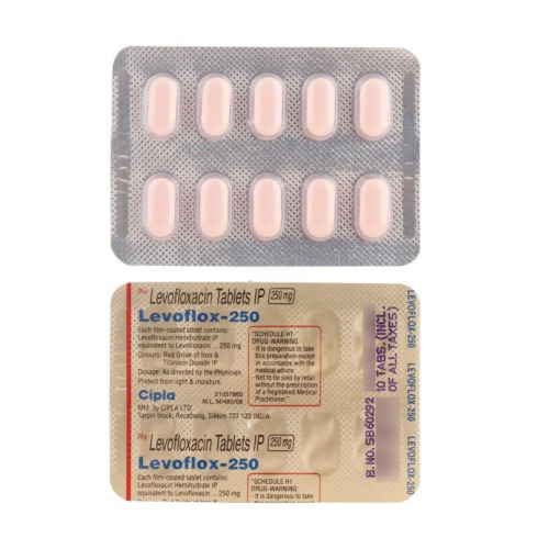 Levoflox 250mg (Levofloxacin) silver blister strip with pink tablets and carton label