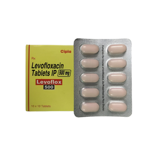 Levoflox 500mg (Levofloxacin) silver blister strip with pink tablets and branded carton