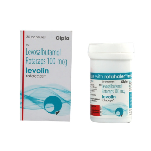 Levolin 100mcg rotacaps box with Cipla branded bottle containing 30 capsules