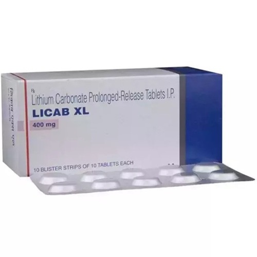 Licab XL 400mg (Lithium Carbonate) 100 tablets white and blue box packaging with brand logo, online pharmacy mood stabilizer medication for bipolar disorder